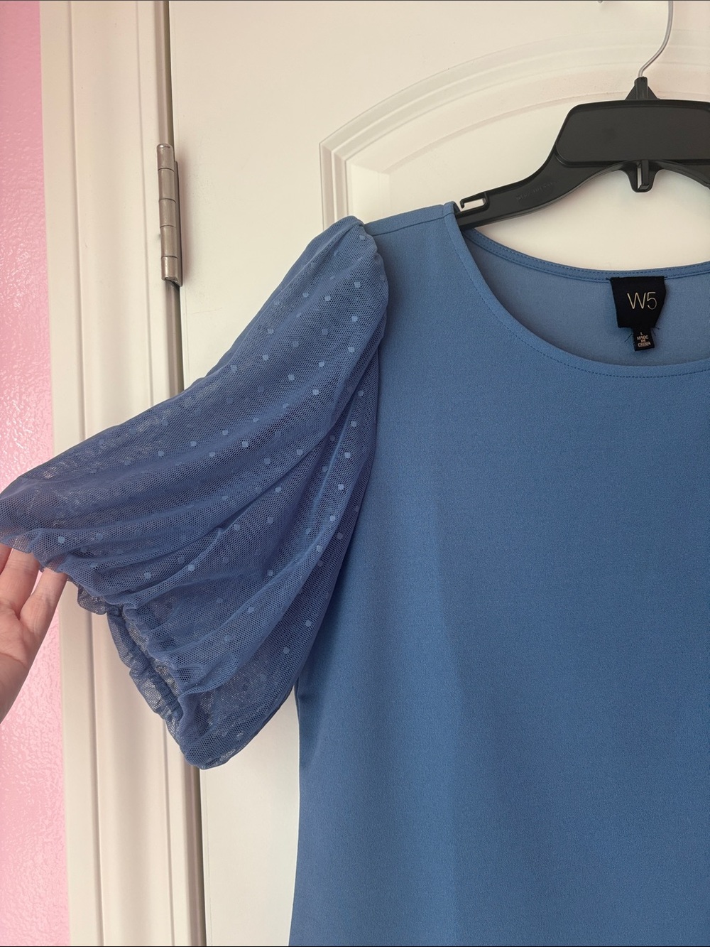 W5 Dusty Blue Mesh Puff-Sleeve Blouse Size Large - Picture 5 of 6